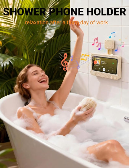 Shower Phone Holder Waterproof 360° Adjustable Rotating, Anti-Fog Touch Screen Wall Mount Phone Stand for Bathroom Mirror Bathtub Kitchen, Fits iPhone 17 16 15 Pro Max for 4-7" Cellphones Beige