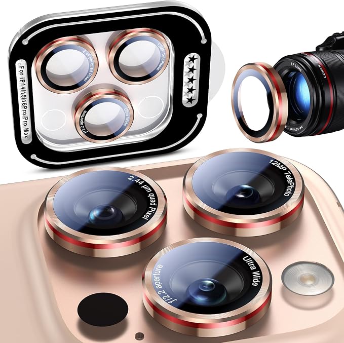 Uyiton for iPhone 17/16/15/14 (Pro Max & Pro) Camera Lens Protector - [Case-Friendly][Ultra-Thin] Military-Grade Tempered Glass Metal Camera Cover, Easy to Install, Gold+Red
