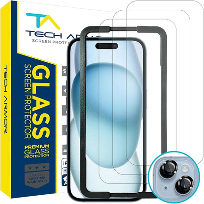 Tech Armor for Apple iPhone 15 Screen Protector Glass 6.1 inch - Ballistic Tempered, Case Friendly, Easy Install, Sensor Protection, HD, 9H Hardness, 3 Pack + Bonus Camera Lens Protectors