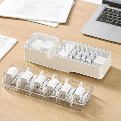 Cord Organizer Storage, Charger Organizer Box with Adjustable Dividers, Dustproof Plastic Case for Cables & Adapters, Includes Cable Ties and Labels, Wire Organizers for Cords in the Home Office