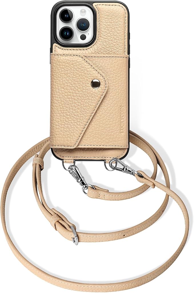 LUCKYCOIN for iPhone 16 Pro Max Crossbody Wallet Case – Genuine Leather Phone Purse with Adjustable Strap and Card Holder,Lanyard Phone Purse Case for Women,Pebble Grain Beige