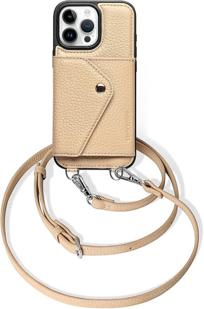 LUCKYCOIN for iPhone 16 Pro Max Crossbody Wallet Case – Genuine Leather Phone Purse with Adjustable Strap and Card Holder,Lanyard Phone Purse Case for Women,Pebble Grain Beige