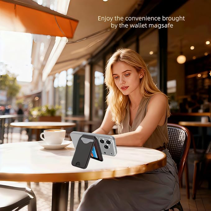 Upgraded for Magsafe Wallet, Strong Magnetic Phone Wallet with Adjustable Stand, Built in Makeup Mirror, 5 Card Holder, RFID Blocking (Black fold)