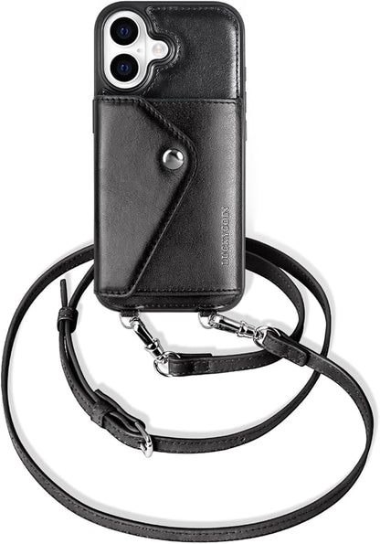 LUCKYCOIN for iPhone 17 Crossbody Wallet Case – Genuine Leather Phone Purse with Adjustable Strap and Card Holder,Lanyard Phone Purse Case for Women,Vintage Black