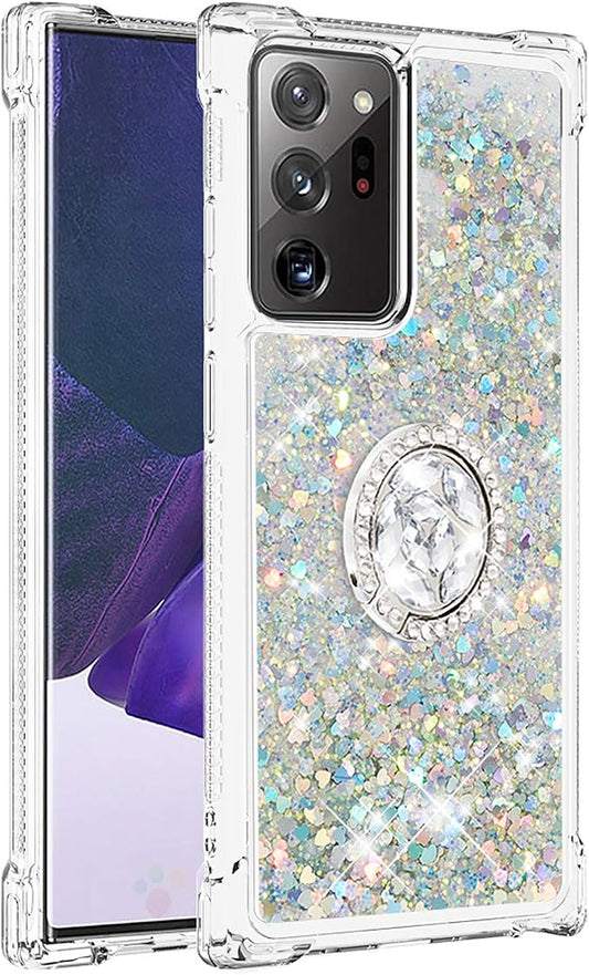 Liquid Phone Case for Galaxy Note 20 Ultra with Ring Stand, Bumper Case Bling Waterfall Liquid Case Resistant Silicone Back Case Glitter Protective Cover Compatible with Samsung Galaxy Note 20 Ultra