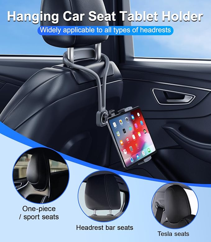 Car iPad Tablet Holder Back Seat Accessories for Tesla/Sport/Bucket/Performance Seats, Rear Headrest Tablet Hanger Mount for Kids/Adults, Road Trip Essentials with Car TV/Entertainment Gadgets