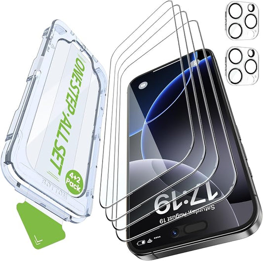 iGluz 4 Pack for iPhone 16 Pro Max Screen Protector with 2-Pack Camera Lens Protector[99.99%HD Clear][9H Tempered Glass][Bubble Free][Easy Installation][Smooth Touch][Anti-fingerprint],4+2 Protection