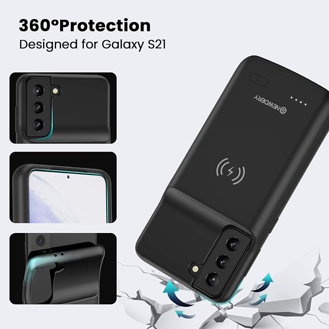 NEWDERY 4800mAH Battery Case for Samsung Galaxy S21, External Rechargeable Battery Charger and Mobile Phone Case Power Bank Backup Battery Charger for Galaxy S21 5G (6.2 Inches) Black