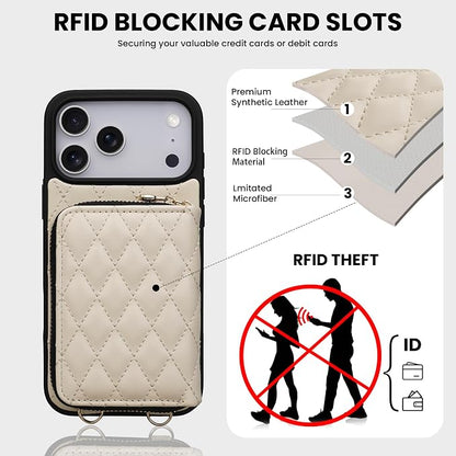 Keallce Case for iPhone 17 Pro Max 6.9'' Wallet Case, Crossbody Zipper Purse with Wrist Strap Lanyard Handbag, RFID Blocking Card Holders, Kickstand Flip Leather Cover for iPhone 17 Pro Max, Beige