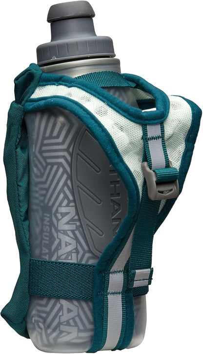 Nathan SpeedDraw 2 Insulated Handheld Running Water Bottle Flask – Double-Wall Insulation, Ergonomic Grip, Blast Valve Cap, Phone & Key Storage Pockets, Reflective Design, 12oz Insulated - Deep Teal