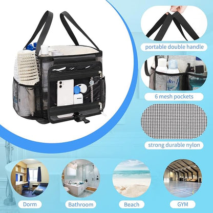 Mesh Shower Caddy Portable, Quick Dry Hanging Toiletry Bag for College Dorm Essentials with 4 Pockets/Divider/Plastic Bottom, Travel Tote Bag for Camping, Bathroom, Beach, Swimming, Gym