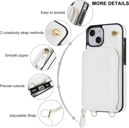 KIHUWEY Crossbody Wallet Case for iPhone 13 iPhone 14, Zipper Pocket Case with Card Holder, PU Leather RFID Blocking Protective Cover Case with Kickstand Detachable Wrist Strap Lanyard 6.1" (White)