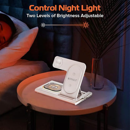 Spracht Flex Charge 3-3 in 1 Charging Station, Portable Charging Station for Smartphones, Smart Watches, Earbuds – 25W Fast Wireless Charger Stand Night Light – Foldable Travel Charger 3 in 1 (White)