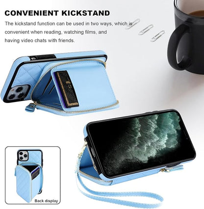 Bocasal Crossbody Wallet Case for iPhone 11 Pro Max, RFID Blocking PU Leather Zipper Handbag Purse Flip Cover, Kickstand Folio Case with Card Slots Holder Wrist Strap Lanyard 6.5 Inch (Blue)