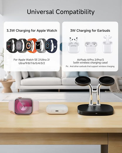 Dual Watch Charger with Fast Charging for Apple Watch, SwanScout 704A, 3-in-1 Wireless Charging Station Stand for Apple Watch Ultra 3/11/10, Wireless Charger Dock for AirPods Pro 3/4 (Black & Silver)