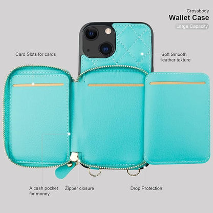 Bocasal Crossbody Wallet Case for iPhone 13, RFID Blocking PU Leather Zipper Handbag Purse Flip Cover, Kickstand Folio Case with Card Slots Holder Wrist Strap Lanyard 5G 6.1 Inch (Mint Green)