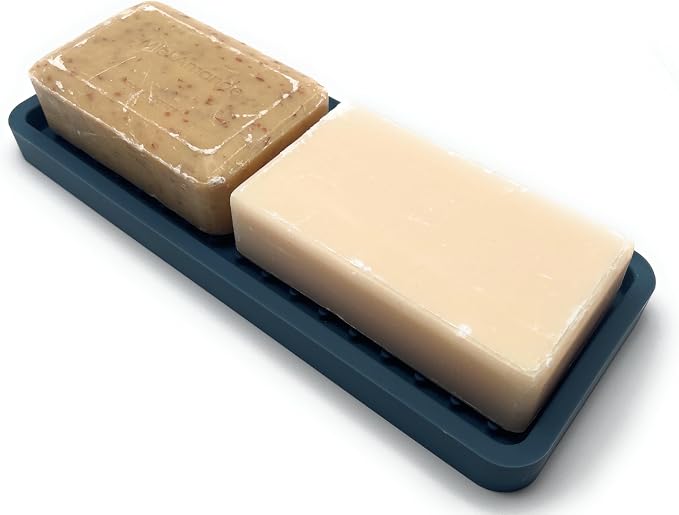 Happitasa Silicone Kitchen Sink Organizer Tray, Sponge Holder and Countertop Protector | Bathroom and Kitchen Soap Dish and Dispenser Tray (Smoky Blue, 9"x3.5", 5.6 Ounces)