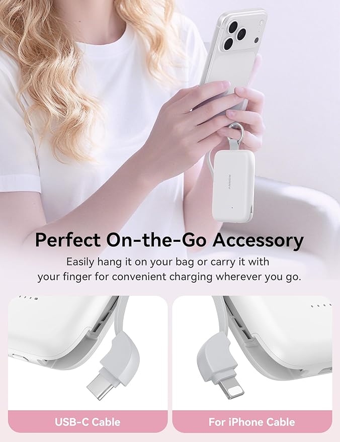 RORRY Portable Charger, 10000mAh PD 30W Fast Charging Portable Charger Power Bank with Built-in Cables, Travel Keychain Charger Battery Pack for iPhone 17/16/15/14/13/12, for AirPods 2/3/4/Pro, White