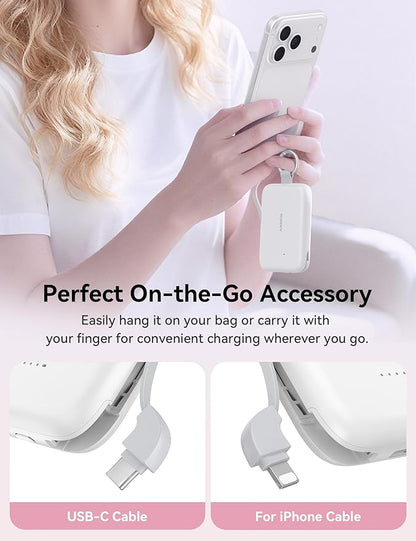RORRY Portable Charger, 10000mAh PD 30W Fast Charging Portable Charger Power Bank with Built-in Cables, Travel Keychain Charger Battery Pack for iPhone 17/16/15/14/13/12, for AirPods 2/3/4/Pro, White