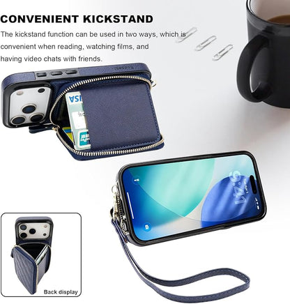 Bocasal Crossbody Wallet Case for iPhone 17 Pro, RFID Blocking PU Leather Zipper Handbag Purse Flip Cover, Kickstand Folio Case with Card Slots Holder Wrist Strap Lanyard 5G 6.3 Inch (Dark Blue)