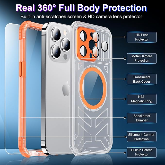 2024 Upgrade for iPhone 15 Pro Case Waterproof,[Compatible With MagSafe][Built-in Screen&Camera Protector][Full Body Dropproof][IP68 Underwater][Clear Sound]Shockproof Phone Case 6.1" Orange/Clear