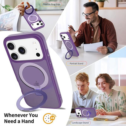 Ultra-Magnetic Stand for iPhone 17 Pro Case [Military Drop Protection] [Compatible with MagSafe] Shockproof Translucent Matte Slim Ring Holder Case for iPhone 17 Pro (Purple)