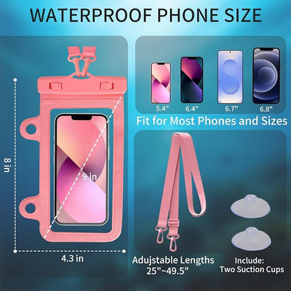 XL Waterproof Phone Pouch iPhone &Shower Phone Holder Waterproof with 2 Suction Cups,Water Phone Protector Pouch with Adjustable Lanyard,Floating Phone Case for iPhone 16 15 14 Pro Max (Pink)
