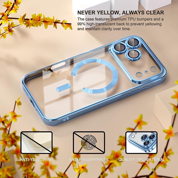 Misea Magnetic for iPhone 17 Pro Case Compatible with MagSafe [Never Yellowing] [Military Grade Drop Protection] Full Camera Lens Protector Plating Soft Clear Phone Case for Women, Sky Blue