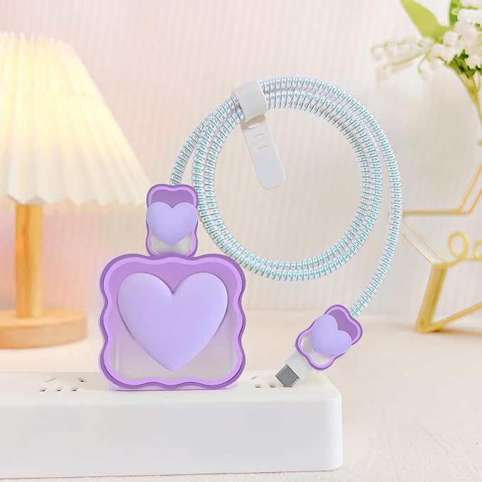 CameCosy Phone Charger Storage Case Cover Sets with Cable Protector for iPhone Charger, Wave Travel Storage Bag, Earphone Wire Saver Cable Organizer Soft Cute DIY Cable Protector (Purple Love Heart)