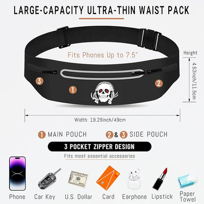 Music Skull Running Belts for Women and Men,Runner Waist fanny pack Wallet Holder,Waterproof Reflective phone holder,Cool Rock Skeleton Fitness Belt with 3 Zipper Pockets,Marathon Cycling Gear Gift