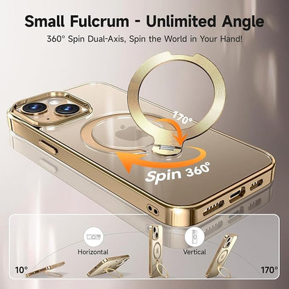 [Tri-Shield Protection] for iPhone 13/14 Case with 360° Spin Stand Compatible with MagSafe [Magnetic CD Ring] [Screen & Camera Lens Protector] Shockproof Plating Never-Yellowing, Gold-6.1"