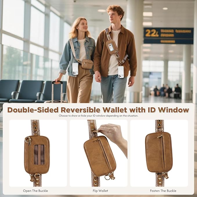 Tiostep Clip and Go Strap for Phone with Wallet Crossbody Phone Lanyard Adjustable and Anti-Theft Leather Purse with RFID Zipper Pouch for Travel Daily Life. Brown Medium