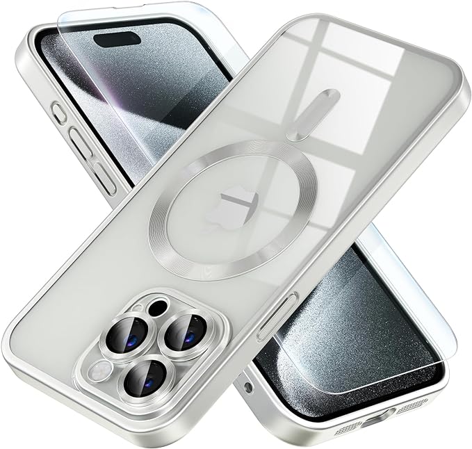 Misea Magnetic for iPhone 15 Pro Max Case [Never Yellowing] [Military Grade Drop Protection] Full Camera Lens Protector Soft Clear Phone Case for Women Girls, Titanium Silver
