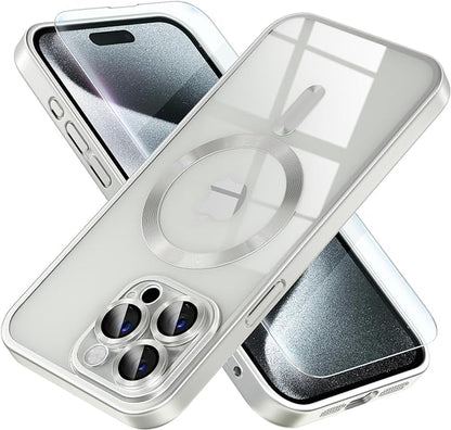 Misea Magnetic for iPhone 15 Pro Max Case [Never Yellowing] [Military Grade Drop Protection] Full Camera Lens Protector Soft Clear Phone Case for Women Girls, Titanium Silver