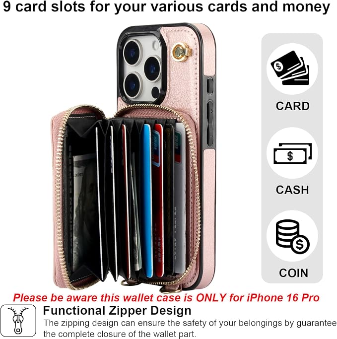 Bocasal Crossbody Wallet Case for iPhone 16 Pro, RFID Blocking Leather Purse Case with Card Holder, Protective Handbag Flip Cover with Zipper Wrist Strap Lanyard for Women 5G 6.3 Inch (Rose Gold)