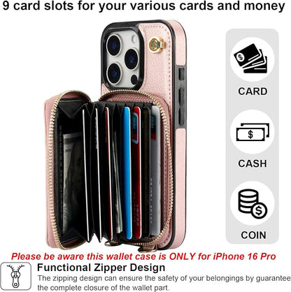 Bocasal Crossbody Wallet Case for iPhone 16 Pro, RFID Blocking Leather Purse Case with Card Holder, Protective Handbag Flip Cover with Zipper Wrist Strap Lanyard for Women 5G 6.3 Inch (Rose Gold)