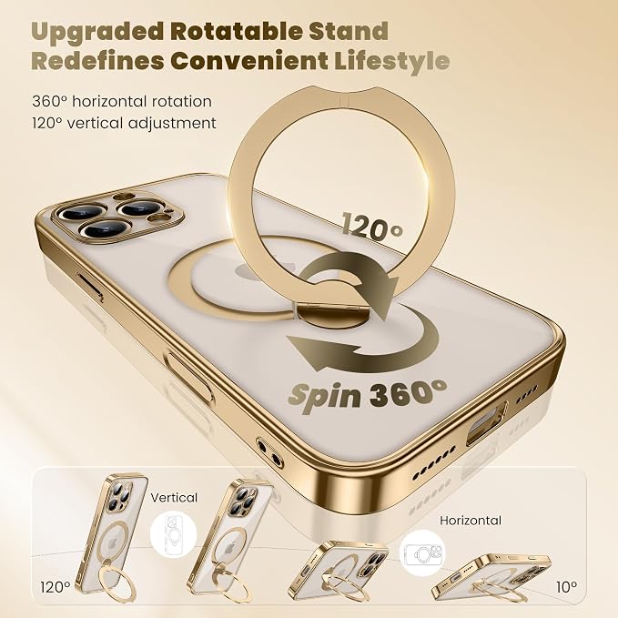 GolbinBox for iPhone 15 Pro Max Case with 360° Spin Magnetic Stand,[Compatible with Magsafe] [Military Protection][Built-in Ring Holder] Shockproof Phone Case for 15 Pro Max, Gold/Clear