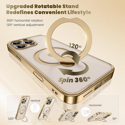 GolbinBox for iPhone 15 Pro Max Case with 360° Spin Magnetic Stand,[Compatible with Magsafe] [Military Protection][Built-in Ring Holder] Shockproof Phone Case for 15 Pro Max, Gold/Clear