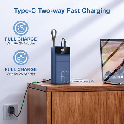 Portable Charger Power Bank 60000mAh Fast Charging 22.5W PD4.0 & QC 4.0 with USB C Battery Pack Charger Portable High Capacity Portable Phone Charger Power Bank for iPhone, Samsung, Travel (Blue)