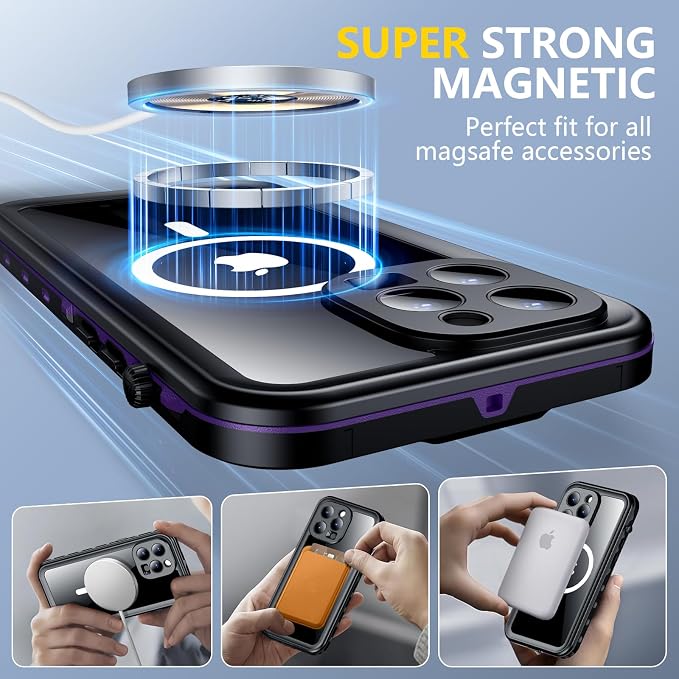 Red2Fire for iPhone 14 Pro Case Waterproof, [Built-in Screen Protector & Camera Protector][Compatible with MagSafe][Full Body Shockproof][IP68 Waterproof][Dustproof] Phone Case 6.1" Purple/Clear