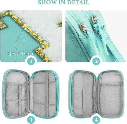 COSHAYSOO Electronics Organizer Bag Travel with Chenille Letter Patch Traveling Must Have Accessories Cute Personalized Gift for Women Cable Cord Charger Storage Pouch (Teal Blue)