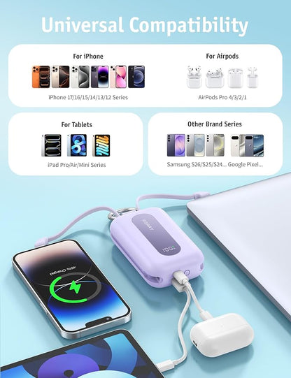 RORRY CharmGo Portable Charger 20000mAh 30W Power Bank 4 in 1 Battery Pack | Built-in Cables,Fast Charging,Keychain,Travel Essentials,Portable,for iPhone 17/16/15/14/13,for iPad Air/Pro,for AirPods