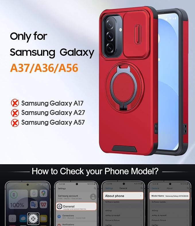 JAME for Samsung Galaxy A37/A36/A56 5G Case, Ring Holder Stand Kickstand, Slide Camera Cover, 2 Screen Protectors, Dual-Layer Shockproof Protective, Magnetic Accessory Friendly Phone Case, Red