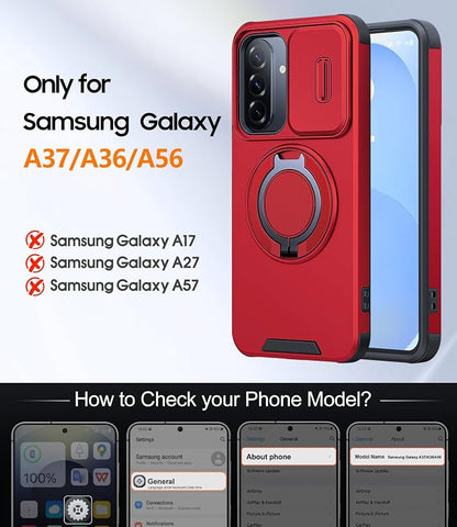 JAME for Samsung Galaxy A37/A36/A56 5G Case, Ring Holder Stand Kickstand, Slide Camera Cover, 2 Screen Protectors, Dual-Layer Shockproof Protective, Magnetic Accessory Friendly Phone Case, Red