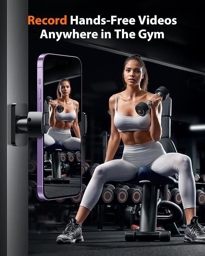 Stouchi Gym Magnetic Phone Holder, 360° Adjustable [N55 Dual Magnet] Phone Mount Gym Accessories for Women/Men, All Metal Portable Workout Essentials Compatible with 4.7-6.5" Smartphones, Black