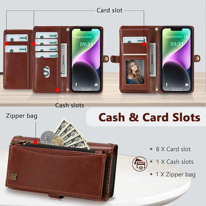 Wallet Case for iPhone 14 with Card Holder/Crossbody Wallet/Strap| RFID Blocking | Magnetic | Kickstand | Detachable | PU Leather Phone Case for iPhone 14,6.1 in,Brown
