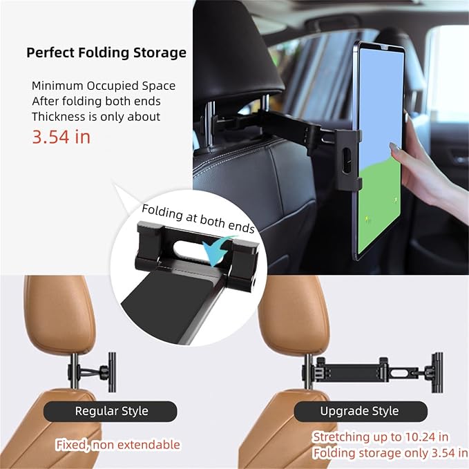 360Adjustable iPad Car Tablet Holder - Back Seat for Kids & Adults, Compatible with 4.7-12.9in Devices (iPhone, iPad, Switch), Road Trip Essentials (Black)