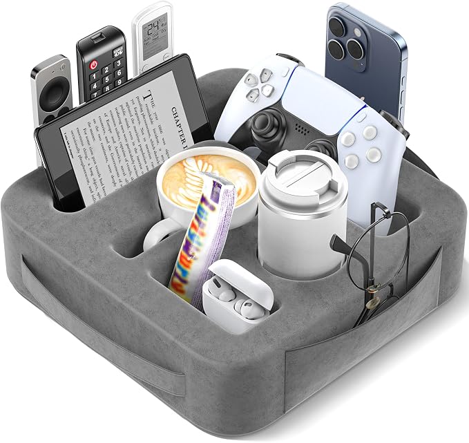 Couch Cup Holder Pillow, Sofa and Bed Caddy for iPad, Kindle, Switch, Game Controller, Remotes, Phones, Small-Sized Cup and Drink Holder for Couch, Bed, Desk, Car, Bathroom Cup Holder, Deep Gray