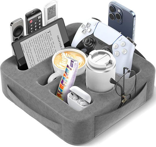 Couch Cup Holder Pillow, Sofa and Bed Caddy for iPad, Kindle, Switch, Game Controller, Remotes, Phones, Small-Sized Cup and Drink Holder for Couch, Bed, Desk, Car, Bathroom Cup Holder, Deep Gray