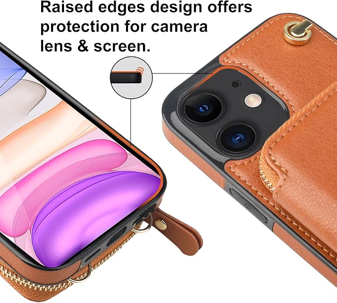 Bocasal Crossbody Wallet Case for iPhone 11, RFID Blocking Leather Purse Case with Card Holder, Protective Handbag Flip Cover with Zipper Wrist Strap Lanyard for Women 6.1 Inch (Brown)